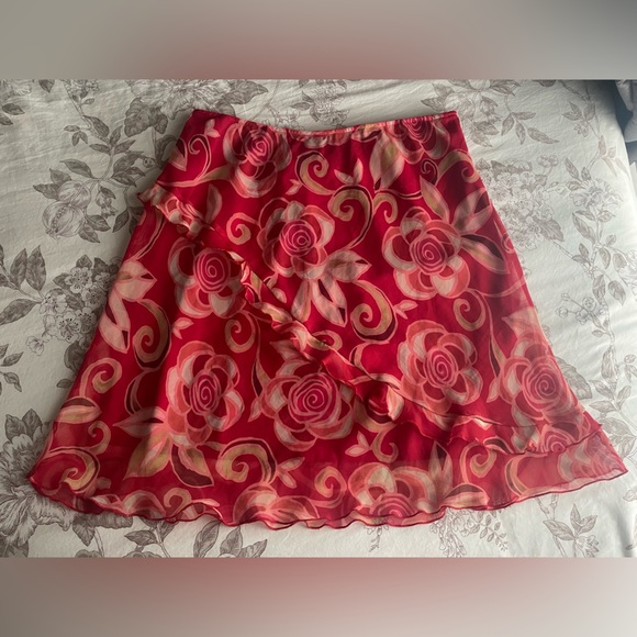Vintage Y2K Sangria Rose Mesh Overlay Asymmetric Ruffle Mini Skirt 14P Romantic - Picture 3 of 7